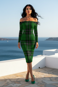 MacLean Clan Tartan Off-The-Shoulder Dress Elegant Evening Outfit Green Plaid