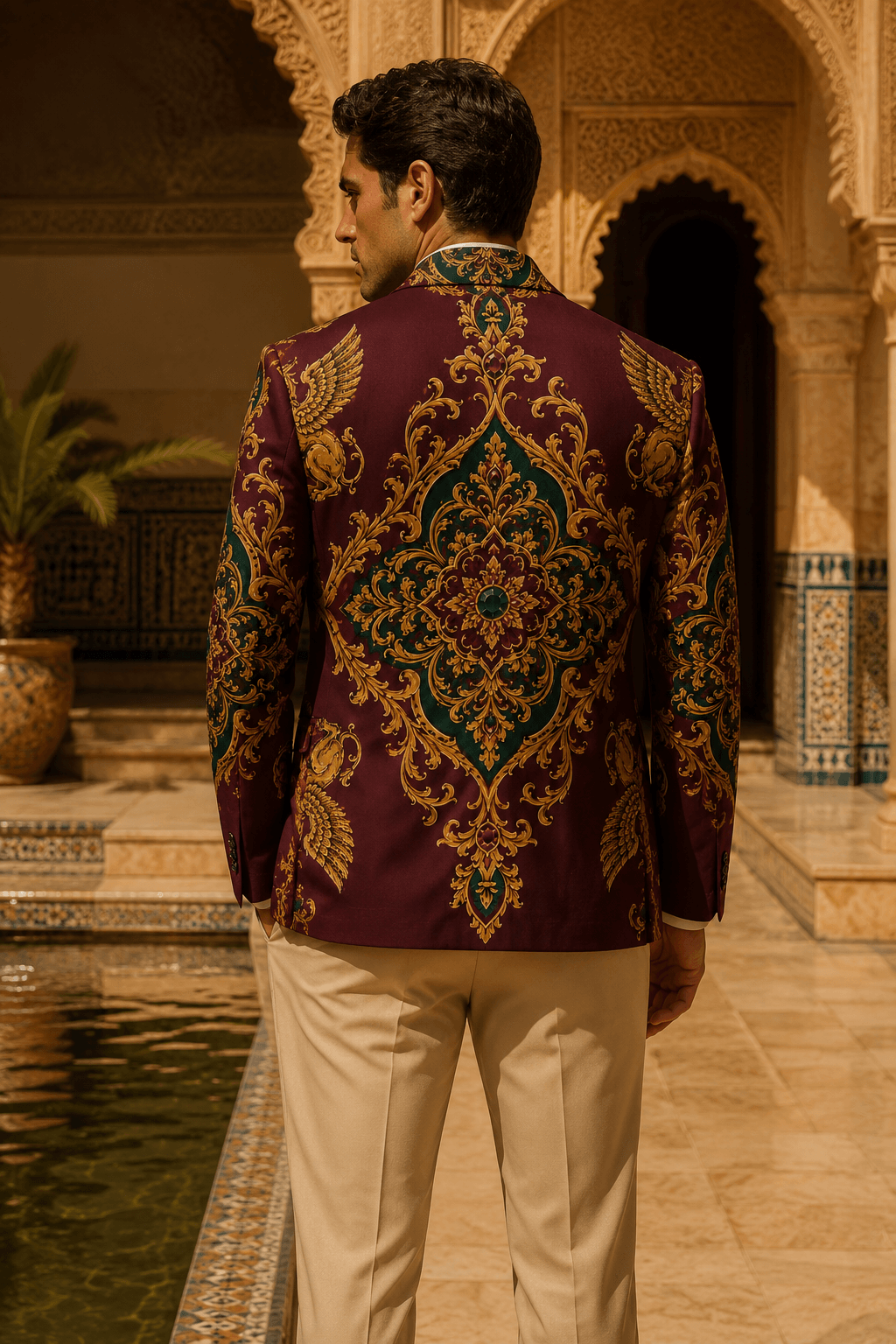 Full back view of a man wearing the Scythian Imperial cotton blazer, showing the continuous all-over gold ornamental print.