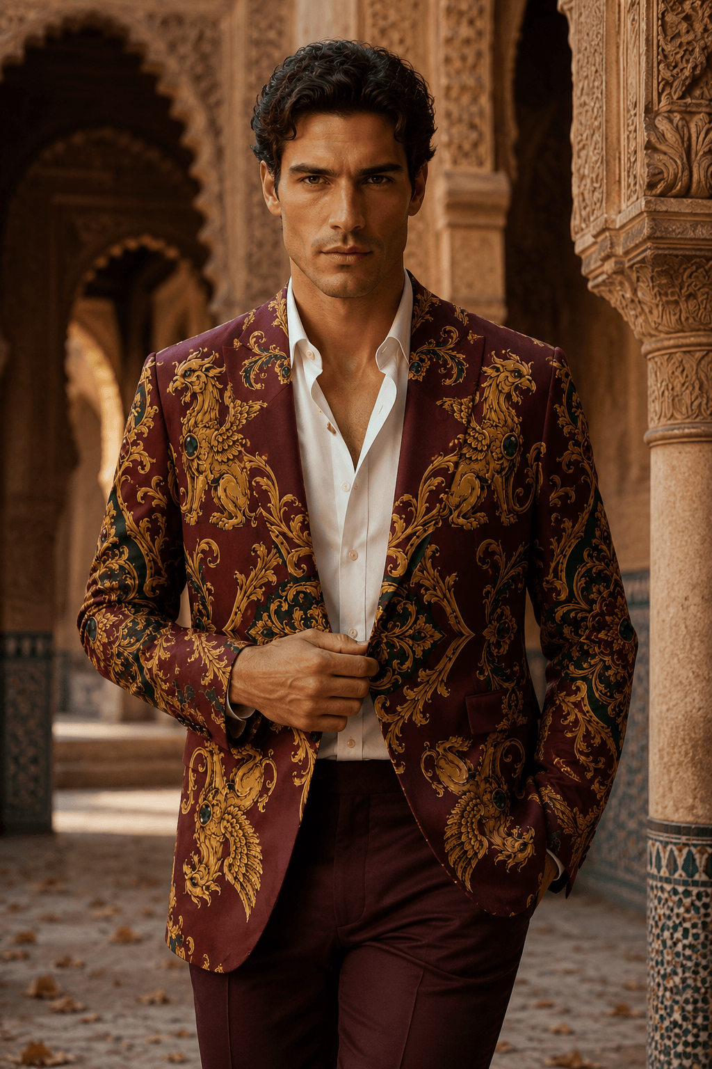 Front view of a man wearing the Scythian Imperial burgundy and gold ornamental cotton blazer, showcasing the regular fit and flat lapel collar.