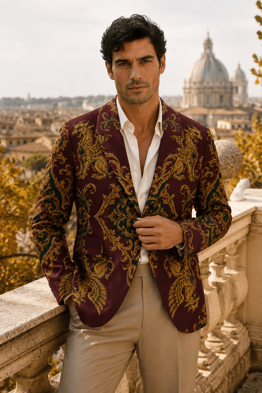 Side pocket detail on a regular fit men's burgundy ornamental jacket with seamless pattern matching and black stitching.