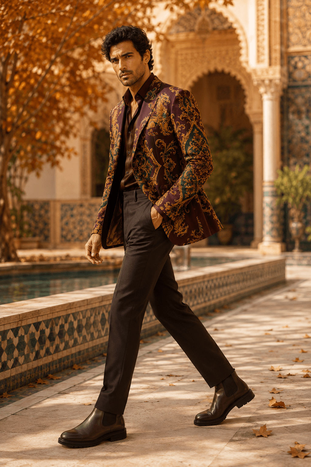 An edgy yet classy men's fashion look featuring a tailored burgundy blazer with rich gold and emerald ornamental details.