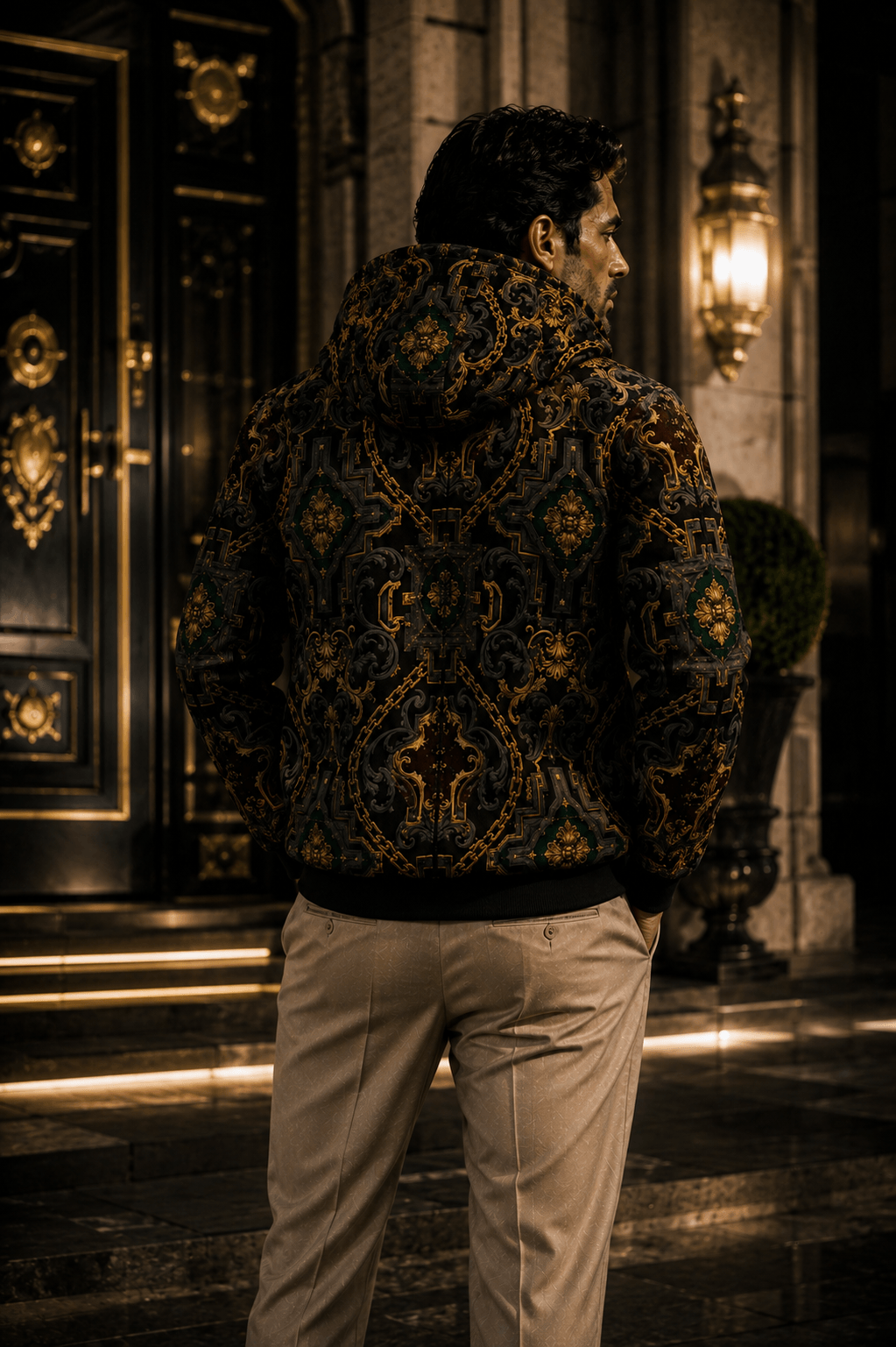 Men's Luxury zip up hoodie in Dark Grey Gold Chain Print elegant evening outfit