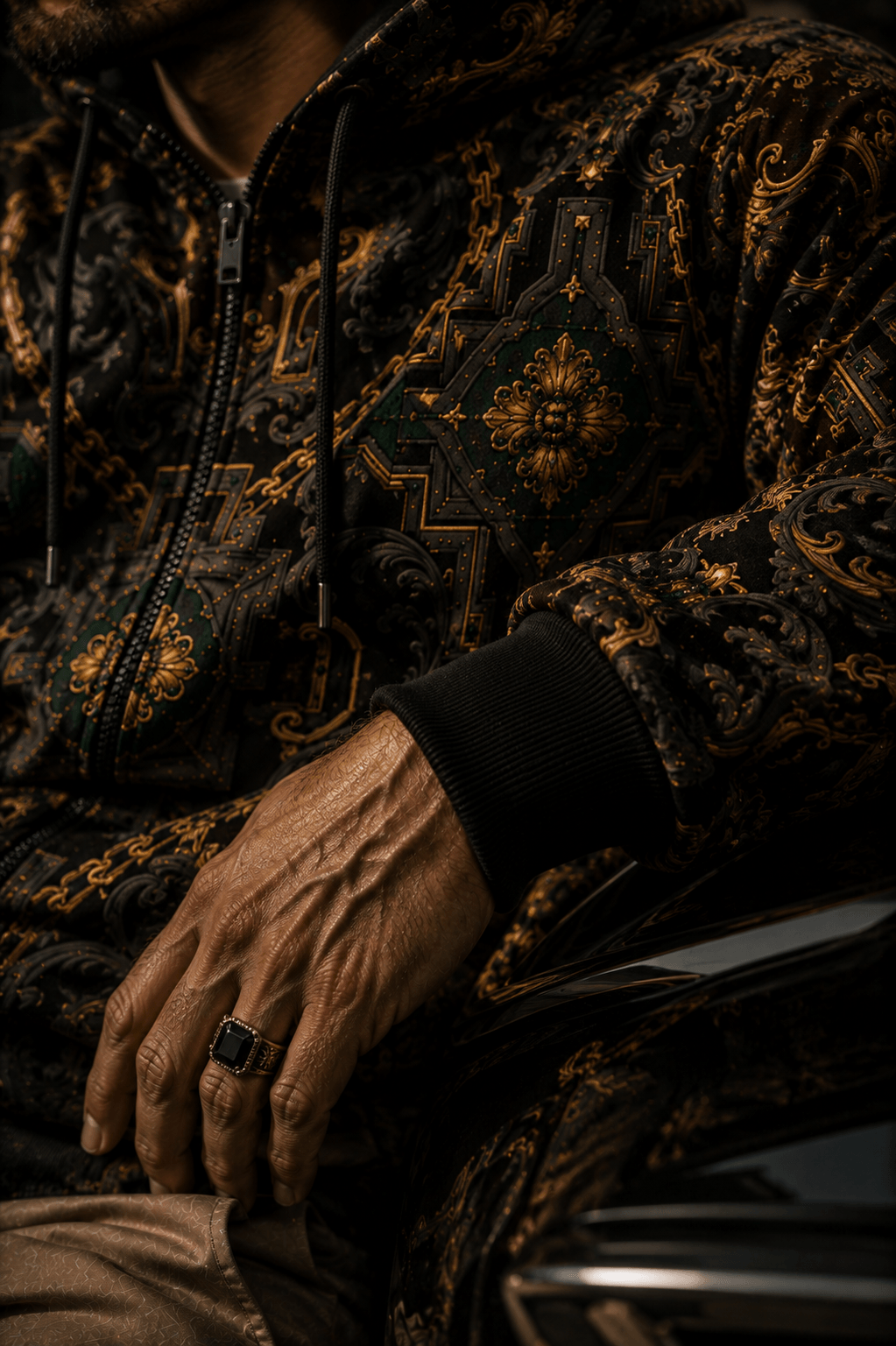 Men's Luxury zip up hoodie in Dark Grey Gold Chain Print elegant evening outfit stylish design