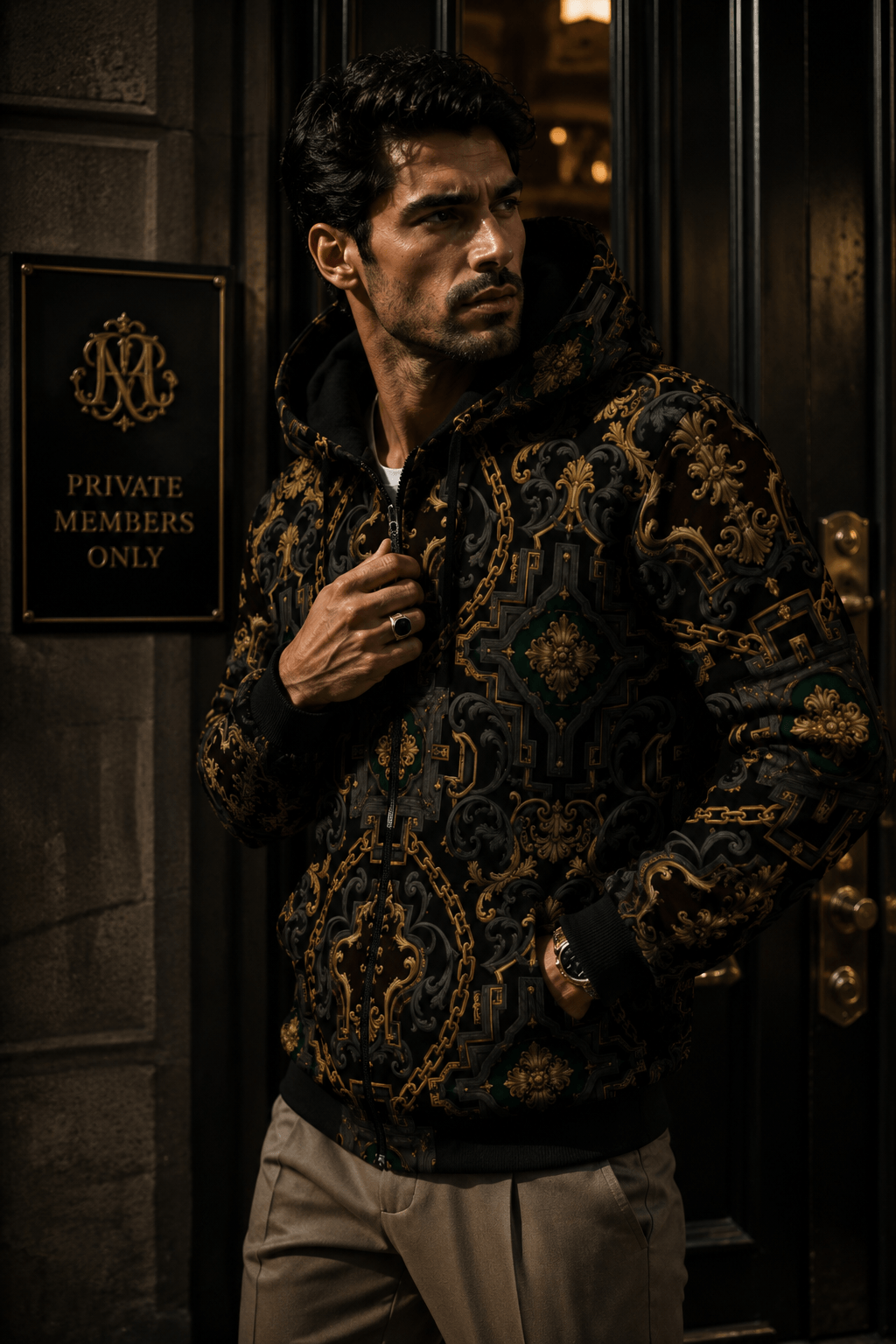 Men's Luxury zip up hoodie in Dark Grey Gold Chain Print stylish evening outfit elegant design