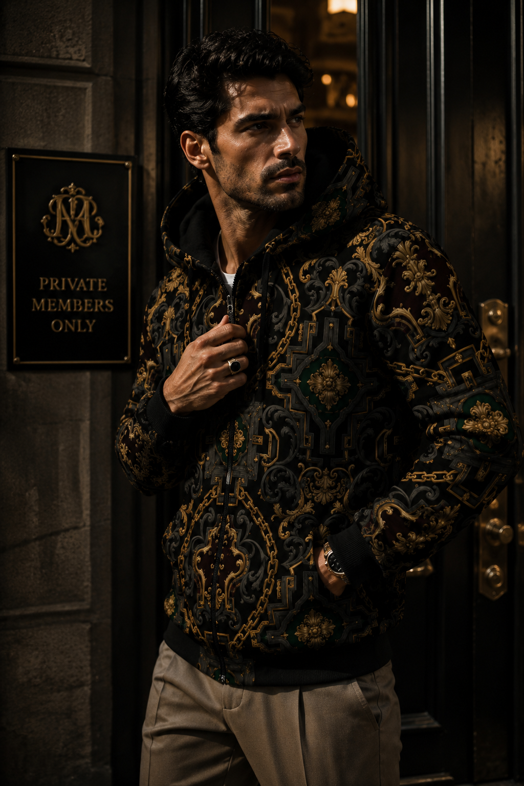 Men's Luxury zip up hoodie in Dark Grey Gold Chain Print stylish evening outfit elegant design