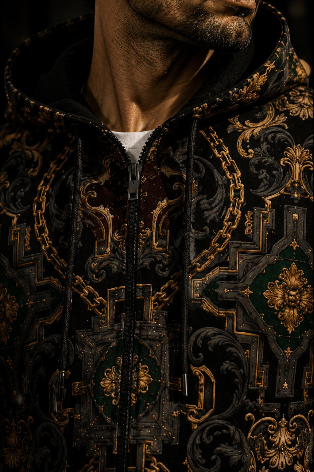 Men's Luxury zip up hoodie in Dark Grey Gold Chain Print elegant evening outfit style