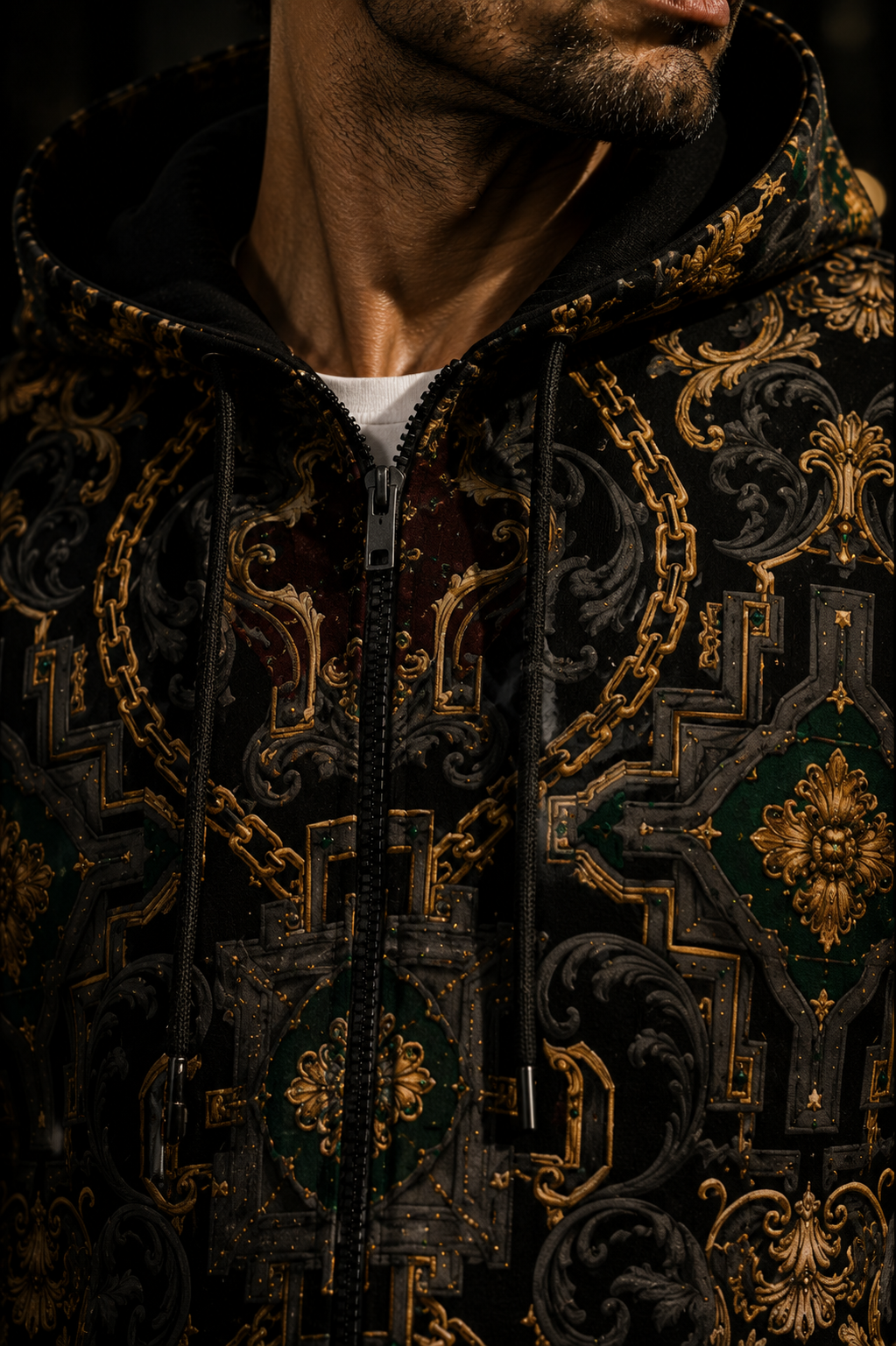 Men's Luxury zip up hoodie in Dark Grey Gold Chain Print elegant evening outfit style
