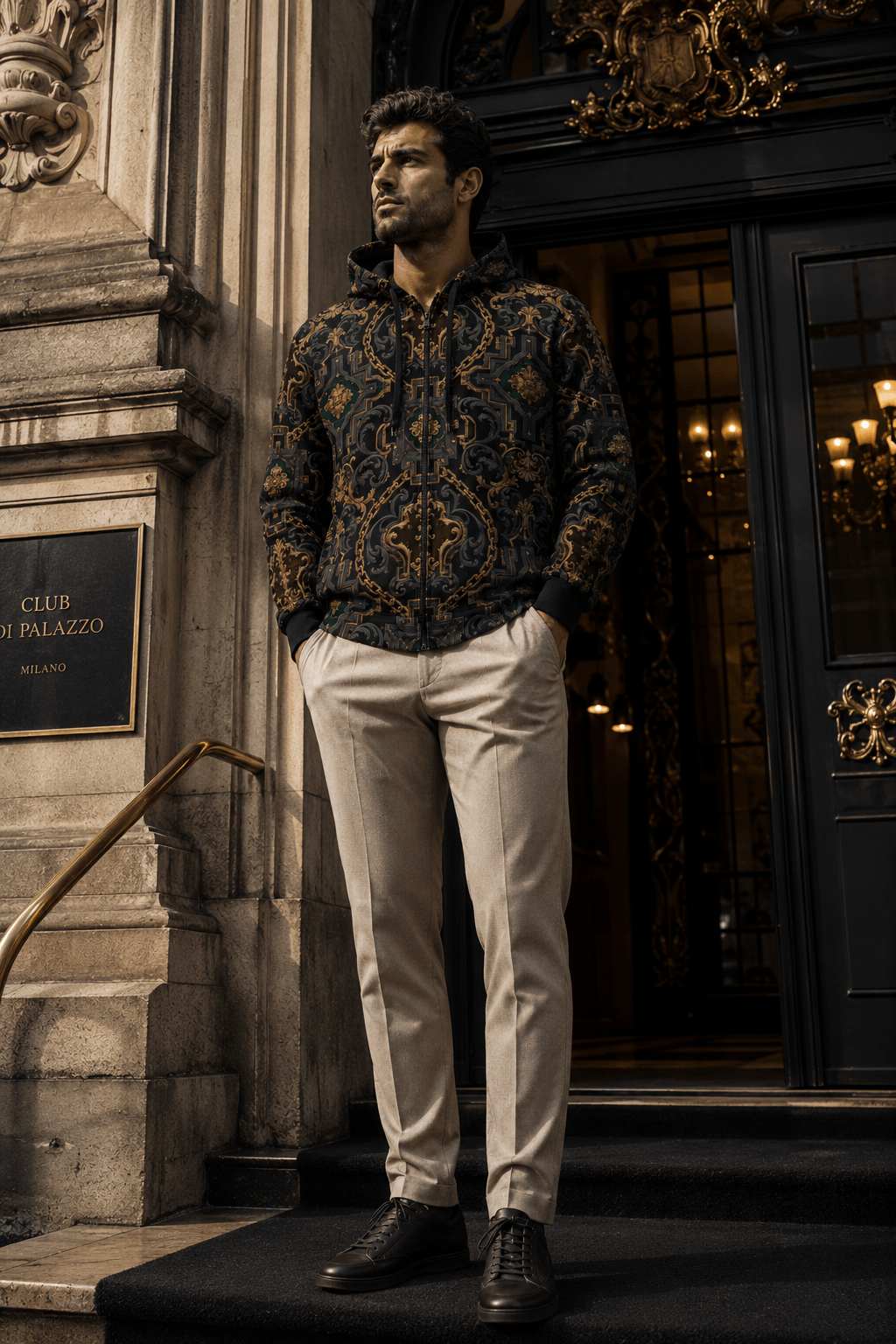 Men's Luxury zip up hoodie in Dark Grey Gold Chain Print stylish evening outfit elegant fashion