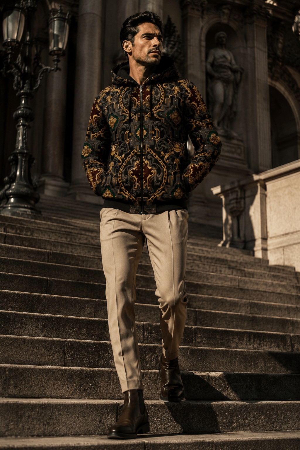 Men's Luxury zip up hoodie in Dark Grey Gold Chain Print stylish outfit for elegant evening wear
