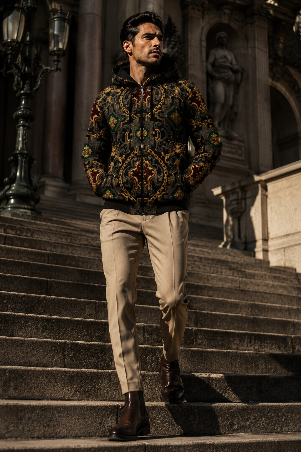 Men's Luxury zip up hoodie in Dark Grey Gold Chain Print stylish outfit for elegant evening wear