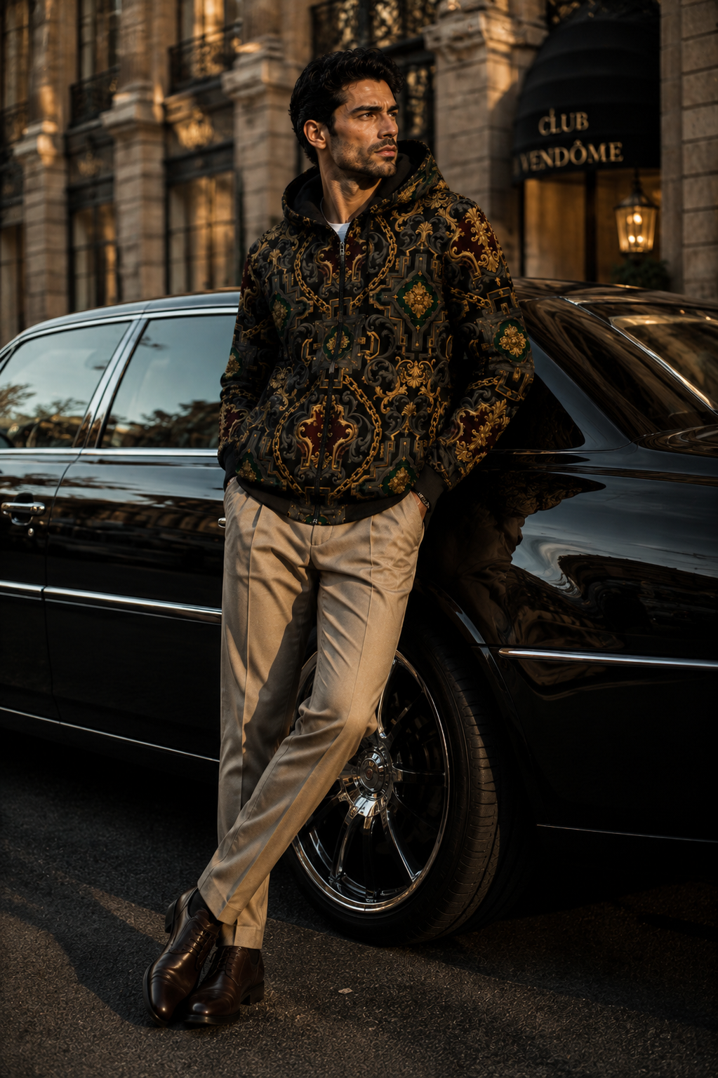 Men's Luxury Zip Up Hoodie in Dark Grey Gold Chain Print with Elegant Evening Outfit