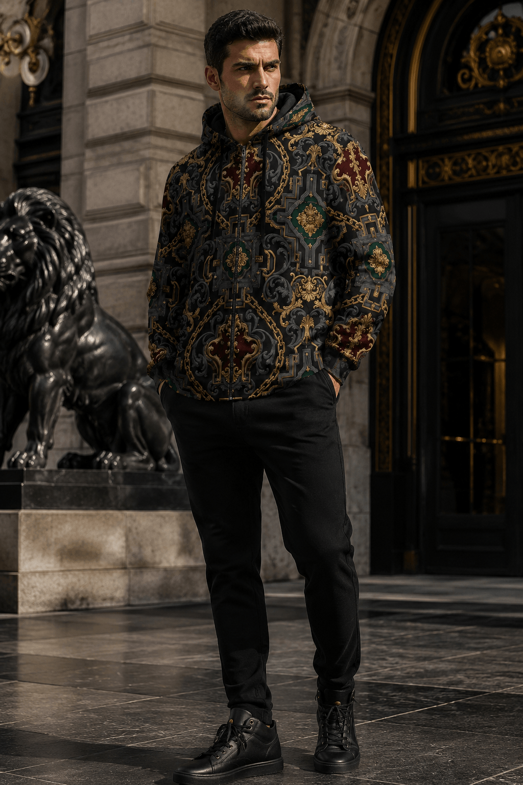 Men's Luxury zip up hoodie in Dark Grey Gold Chain Print with stylish outfit for elegant evening wear