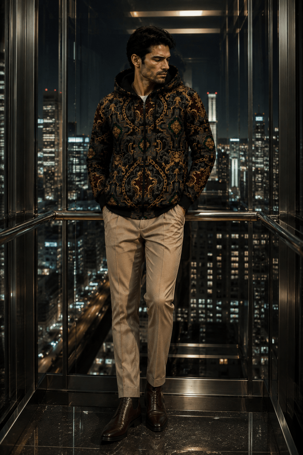 Men's Luxury zip up hoodie in Dark Grey Gold Chain Print Evening Outfit Elegant Urban Style