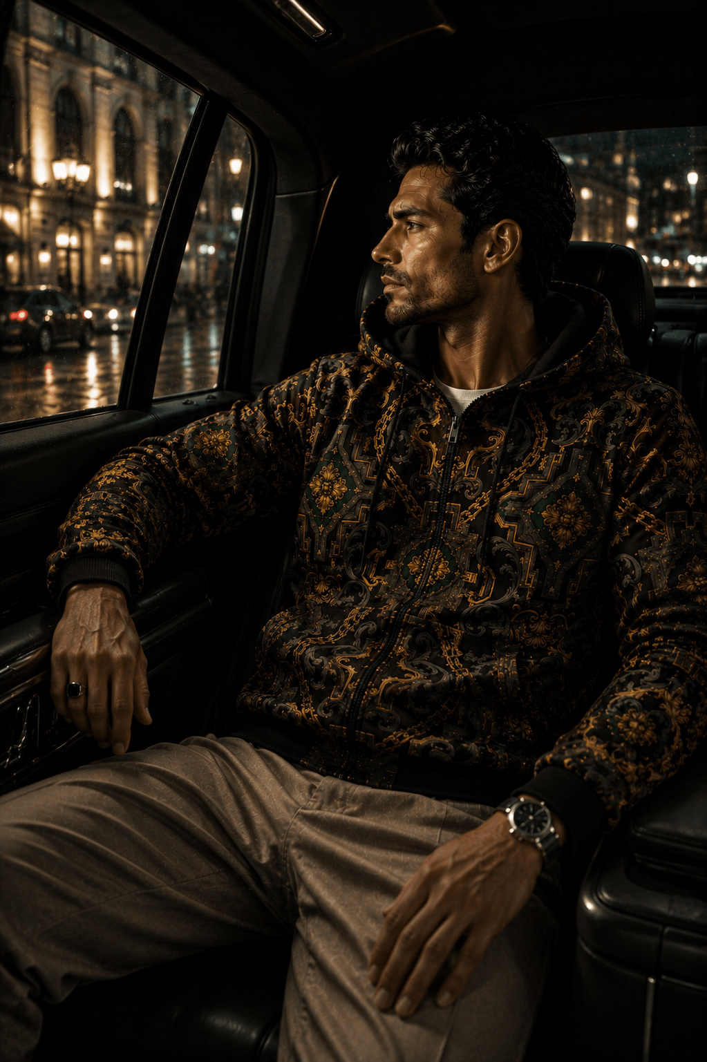 Men's Luxury zip up hoodie in Dark Grey Gold Chain Print stylish evening outfit with elegant design