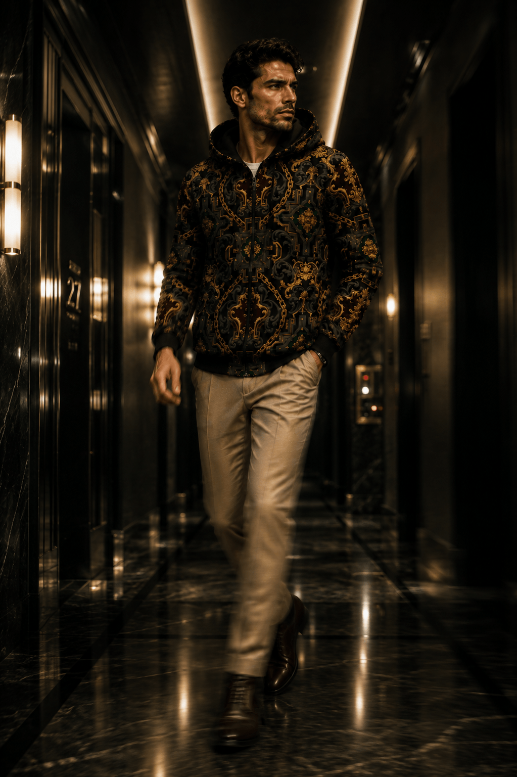 Men's Luxury zip up hoodie in Dark Grey Gold Chain Print stylish evening outfit elegant look