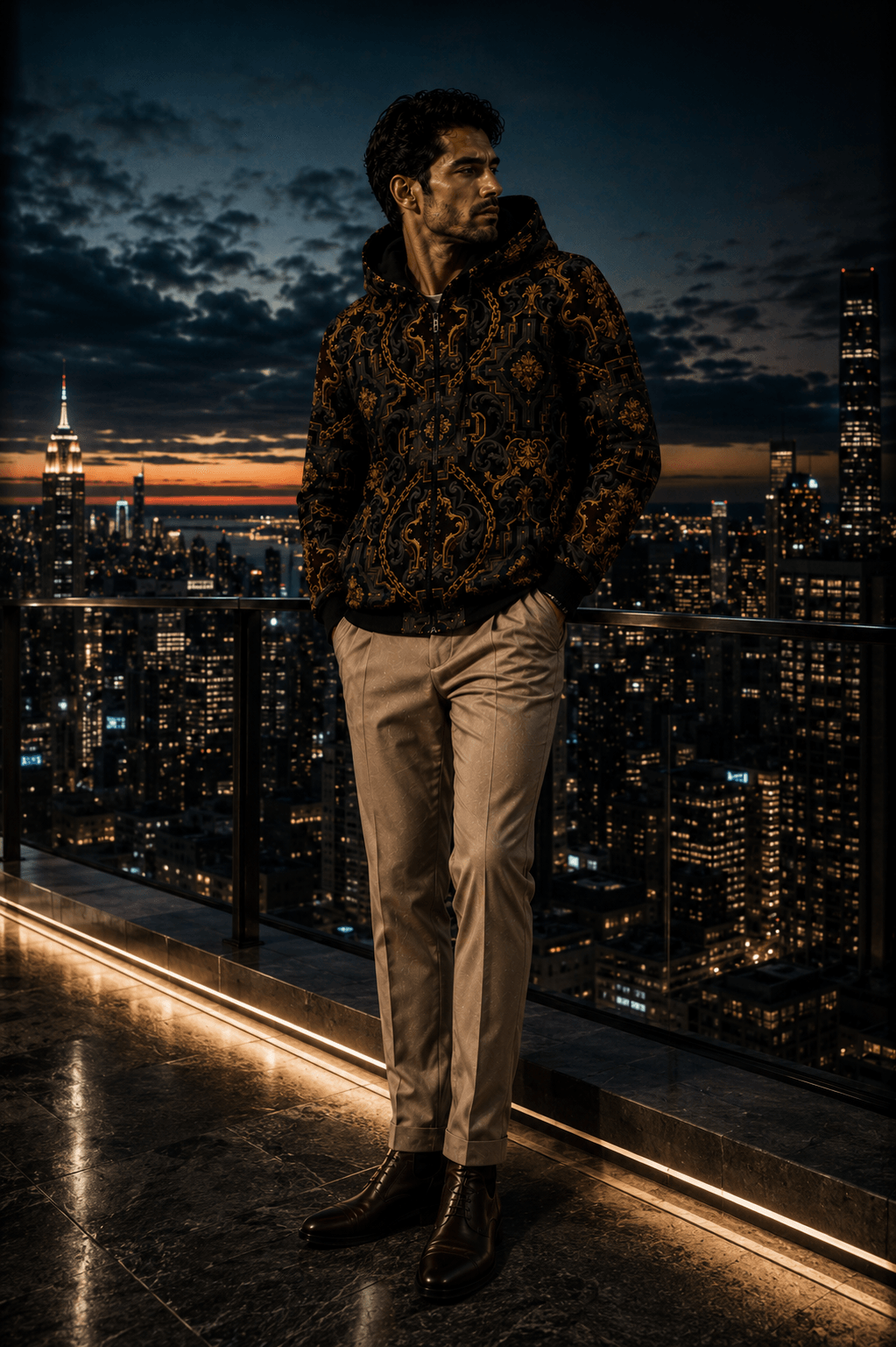 Men's Luxury zip up hoodie in Dark Grey Gold Chain Print stylish casual evening outfit