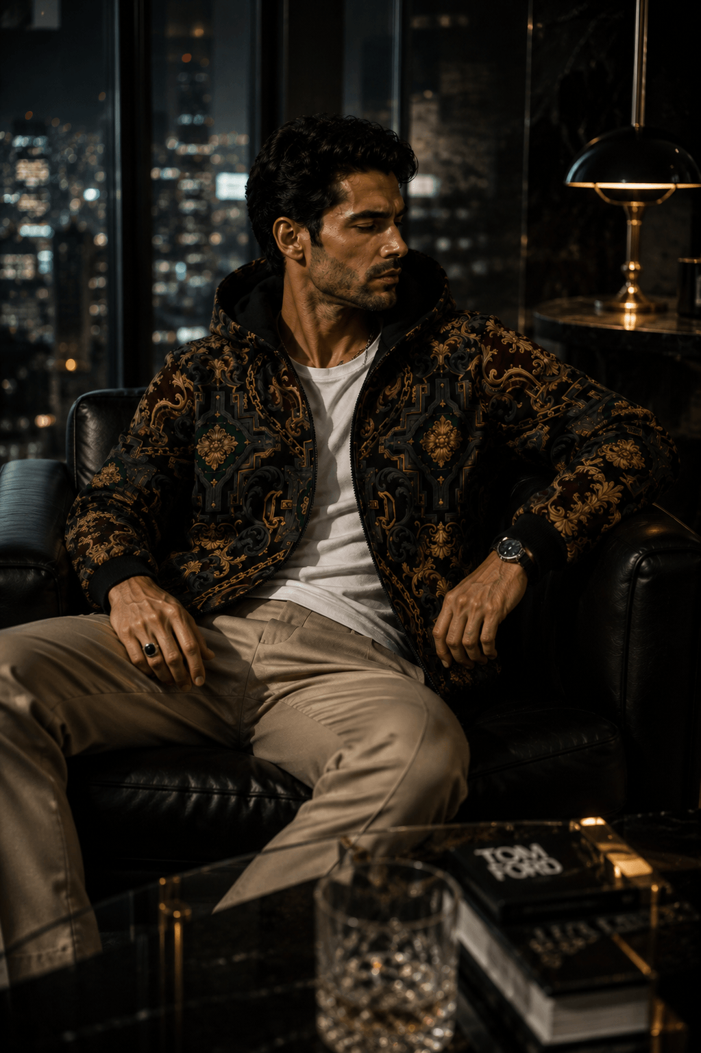 Men's Luxury zip up hoodie in Dark Grey Gold Chain Print casual evening outfit elegant style