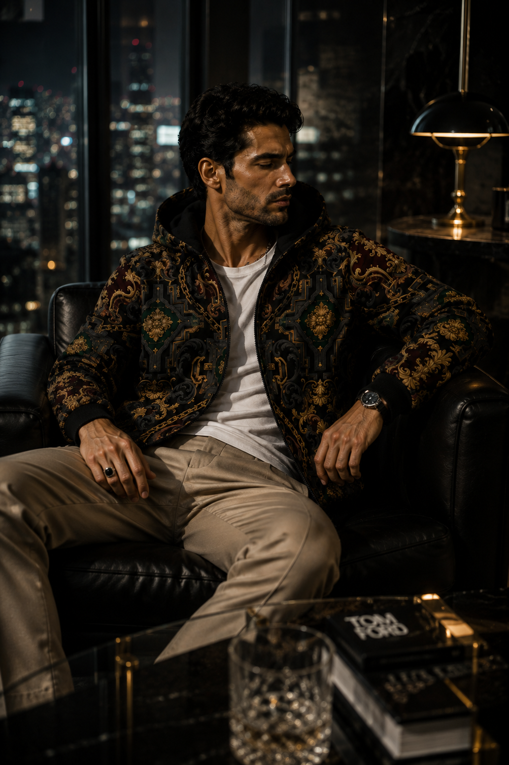 Men's Luxury zip up hoodie in Dark Grey Gold Chain Print casual evening outfit elegant style