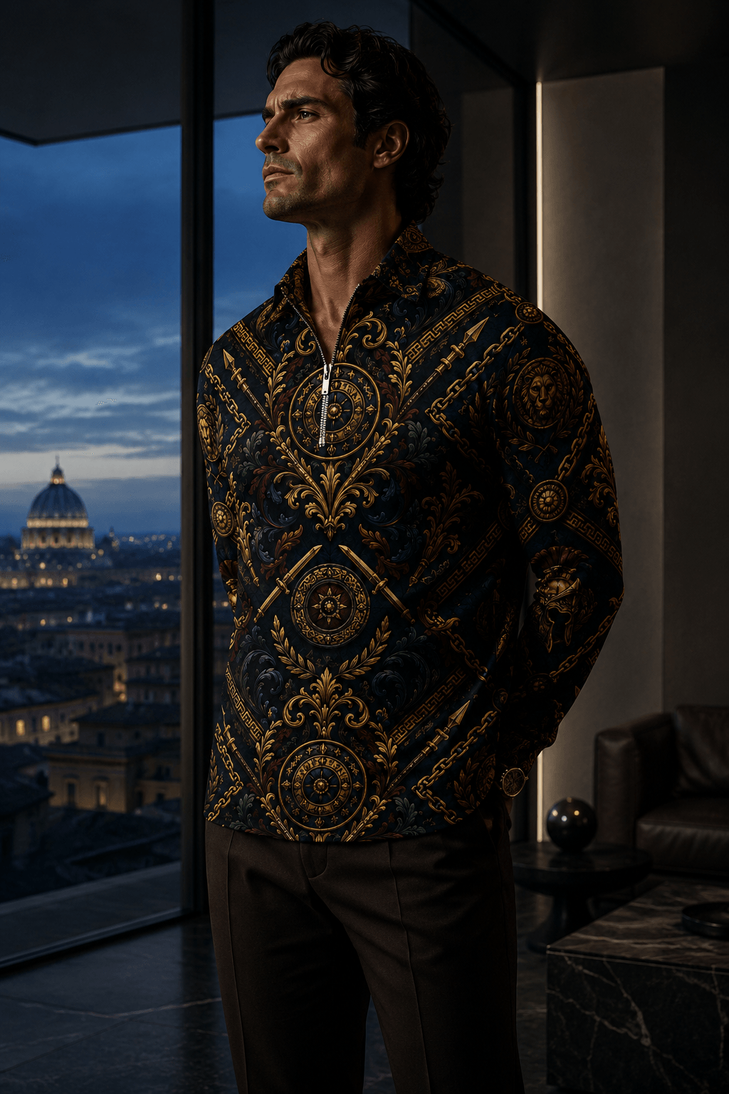 Men's Quarter-Zip Sweatshirt in Deep Petrol Blue & Antique Gold elegant evening outfit