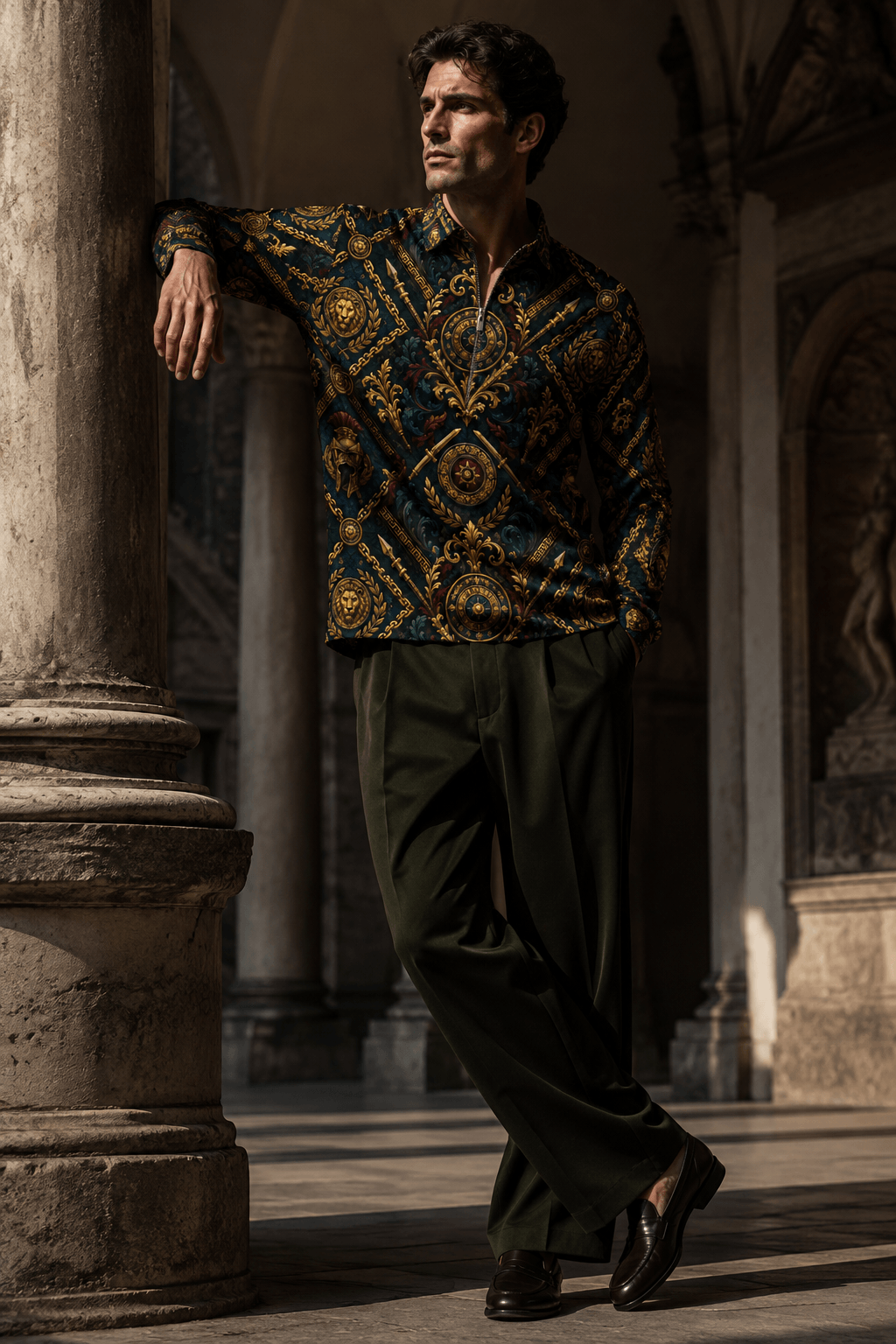 Men's Quarter-Zip Sweatshirt in Deep Petrol Blue and Antique Gold stylish evening outfit
