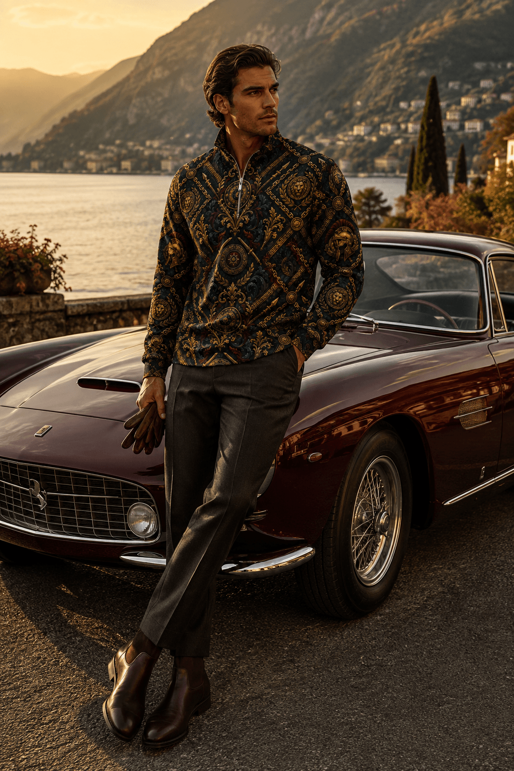 Men's Quarter-Zip Sweatshirt In Deep Petrol Blue & Antique Gold Elegant Evening Outfit