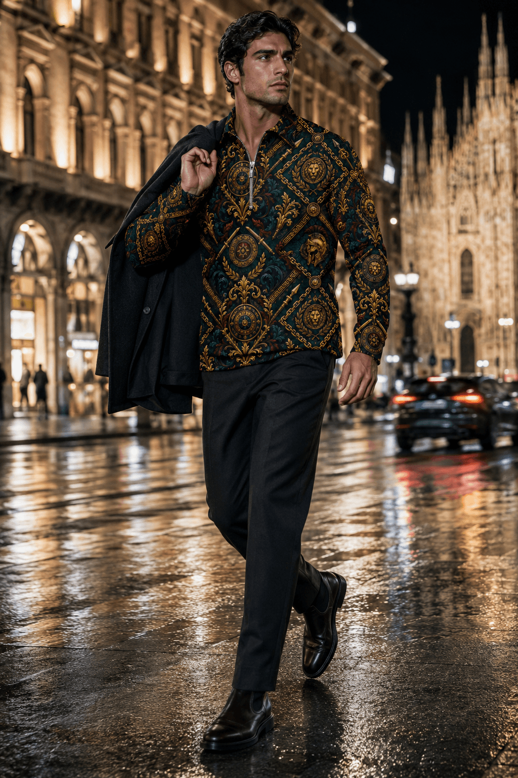 Men's quarter-zip sweatshirt in Deep Petrol Blue & Antique Gold stylish evening outfit