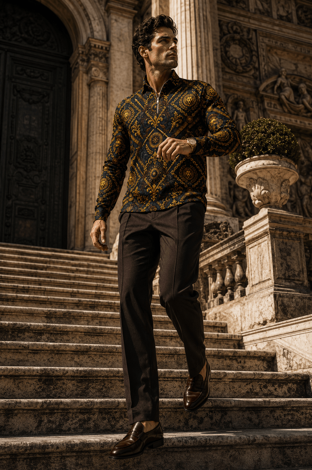 Men's Quarter-Zip Sweatshirt in Deep Petrol Blue & Antique Gold elegant evening outfit fashion
