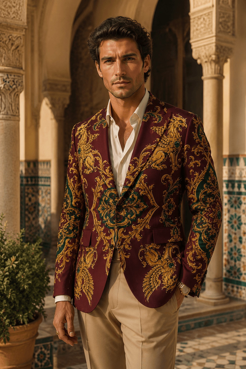 Festive royal baroque inspired fashion outfit for men, perfect for holiday occasions, date nights, and creative fashion events.