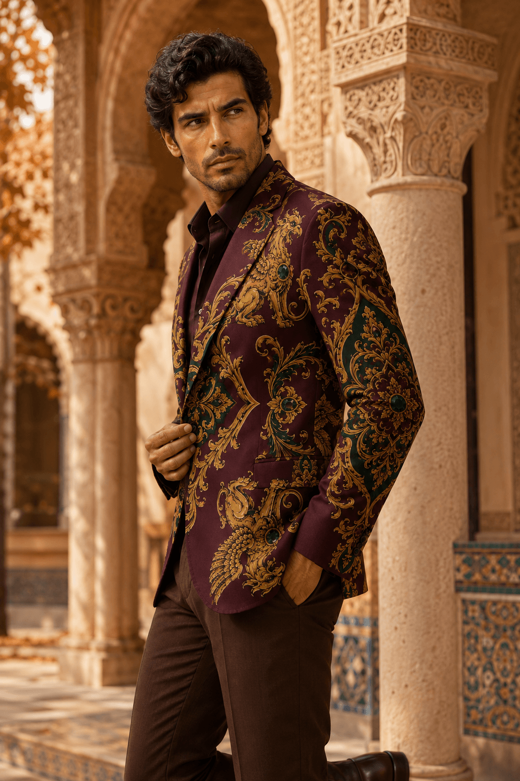 Close-up of a modern baroque men's fashion blazer with intricate gold and jewel-toned heraldic prints on a 100% cotton fabric.