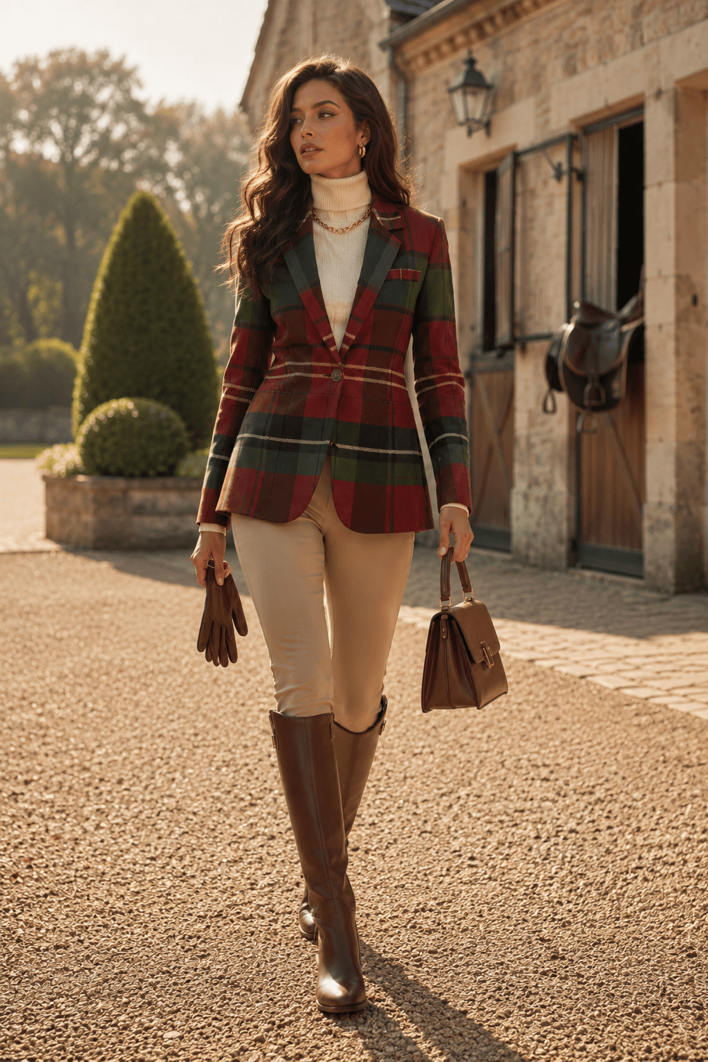 Neo-equestrian style clothing featuring a structured plaid blazer photographed against a minimalist city architecture background.