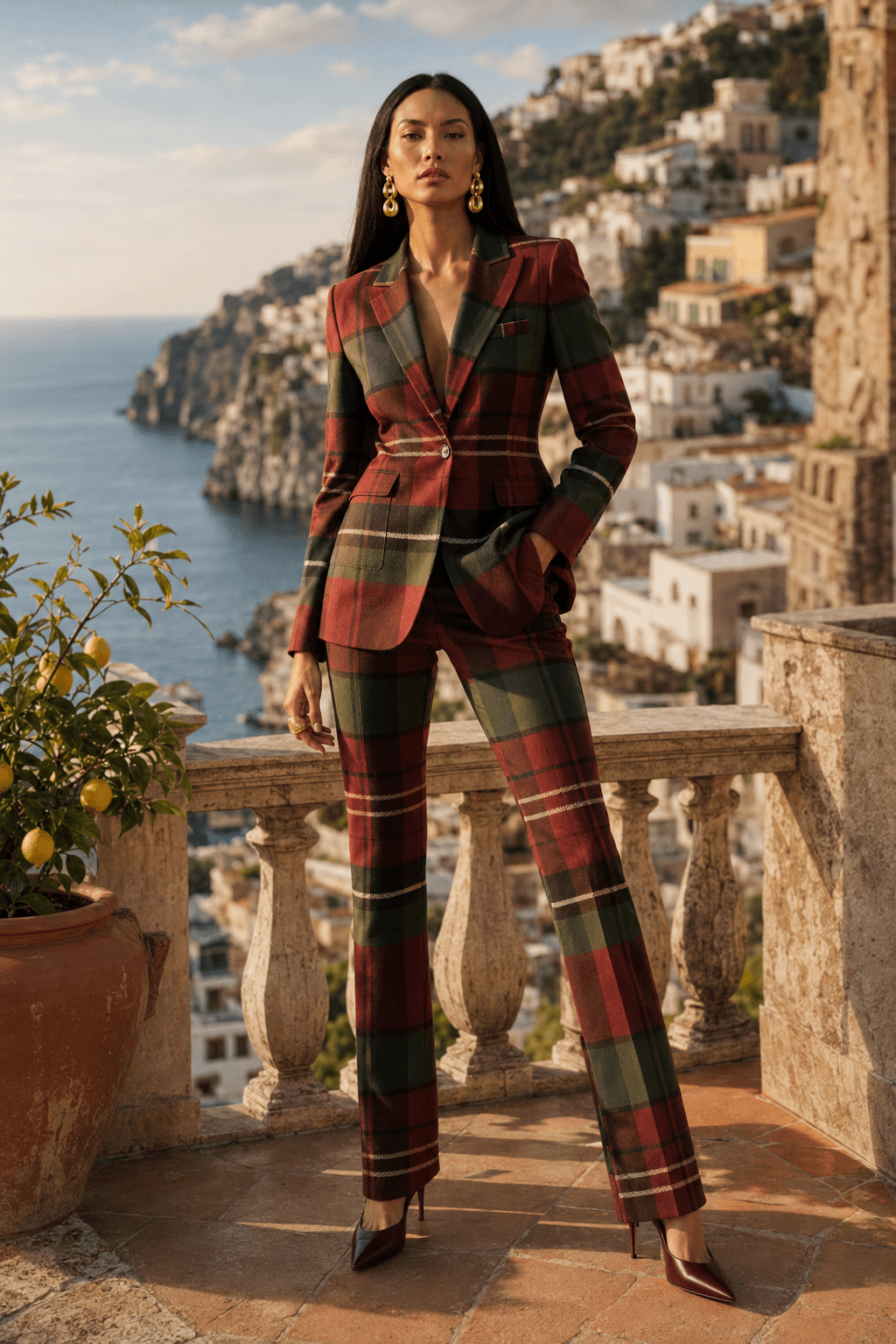 Office siren aesthetic outfit featuring a sharp burgundy and green plaid jacket paired with sleek corporate chic accessories.