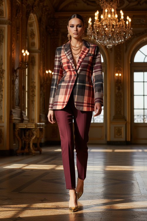 Cotton Blazer Plaid Pattern Elegant Evening Outfit Stylish Tailored Look