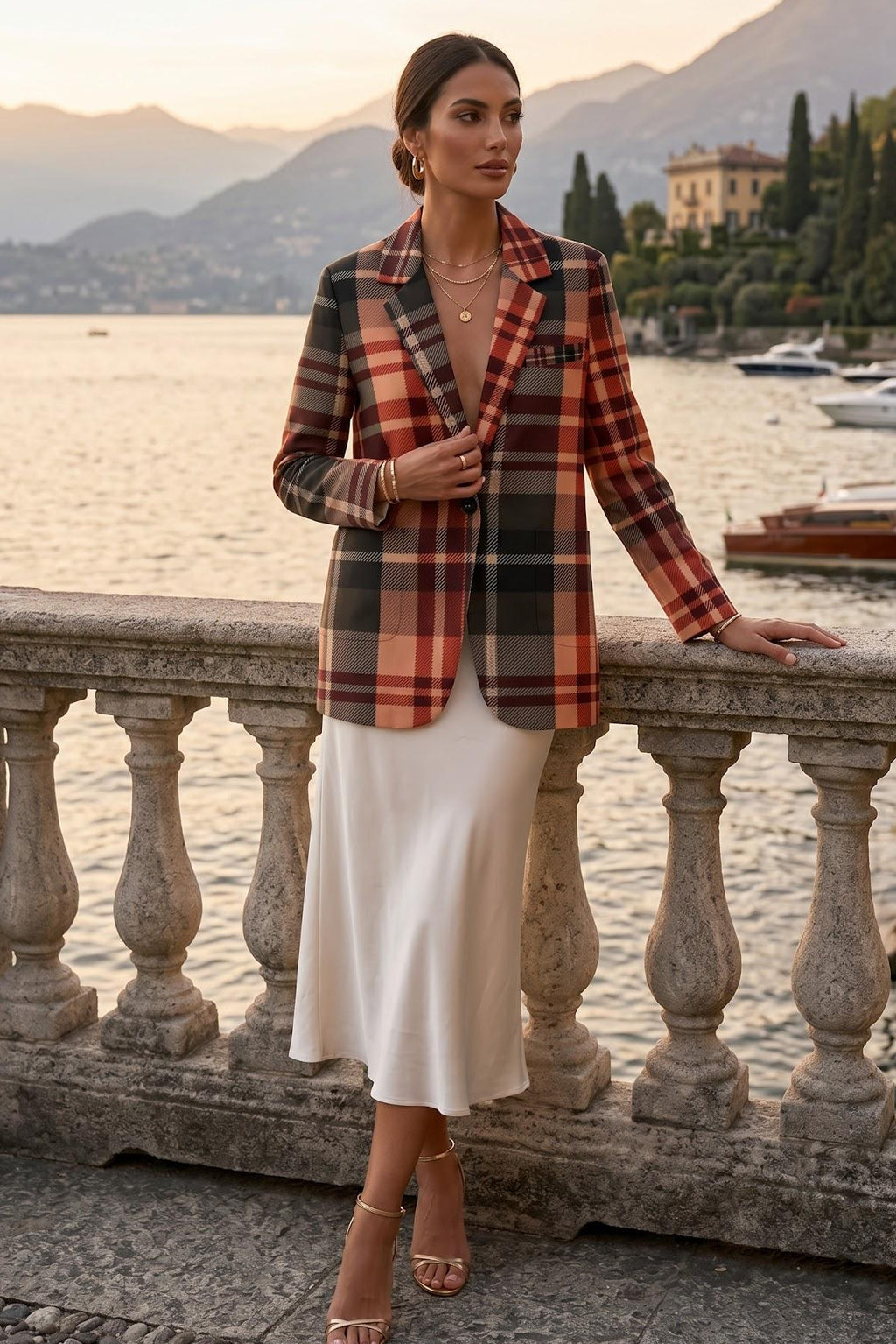 Blush Rose & Burgundy Cotton Blazer Elegant Evening Outfit Stylish Plaid Jacket