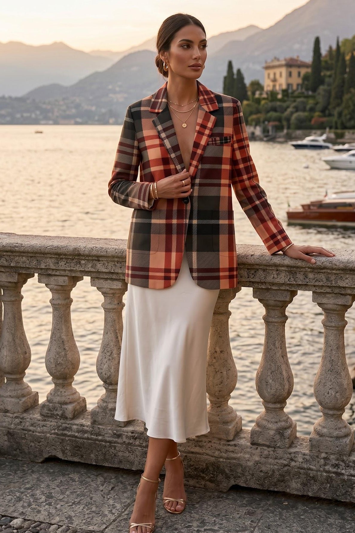 Blush Rose & Burgundy Cotton Blazer Elegant Evening Outfit Stylish Plaid Jacket