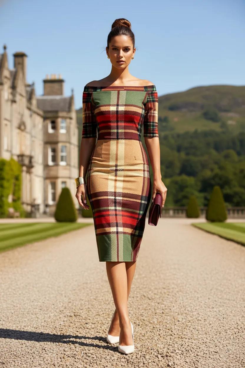 Wrap Dress Dress Plaid Pattern Elegant Evening Outfit Knee Length