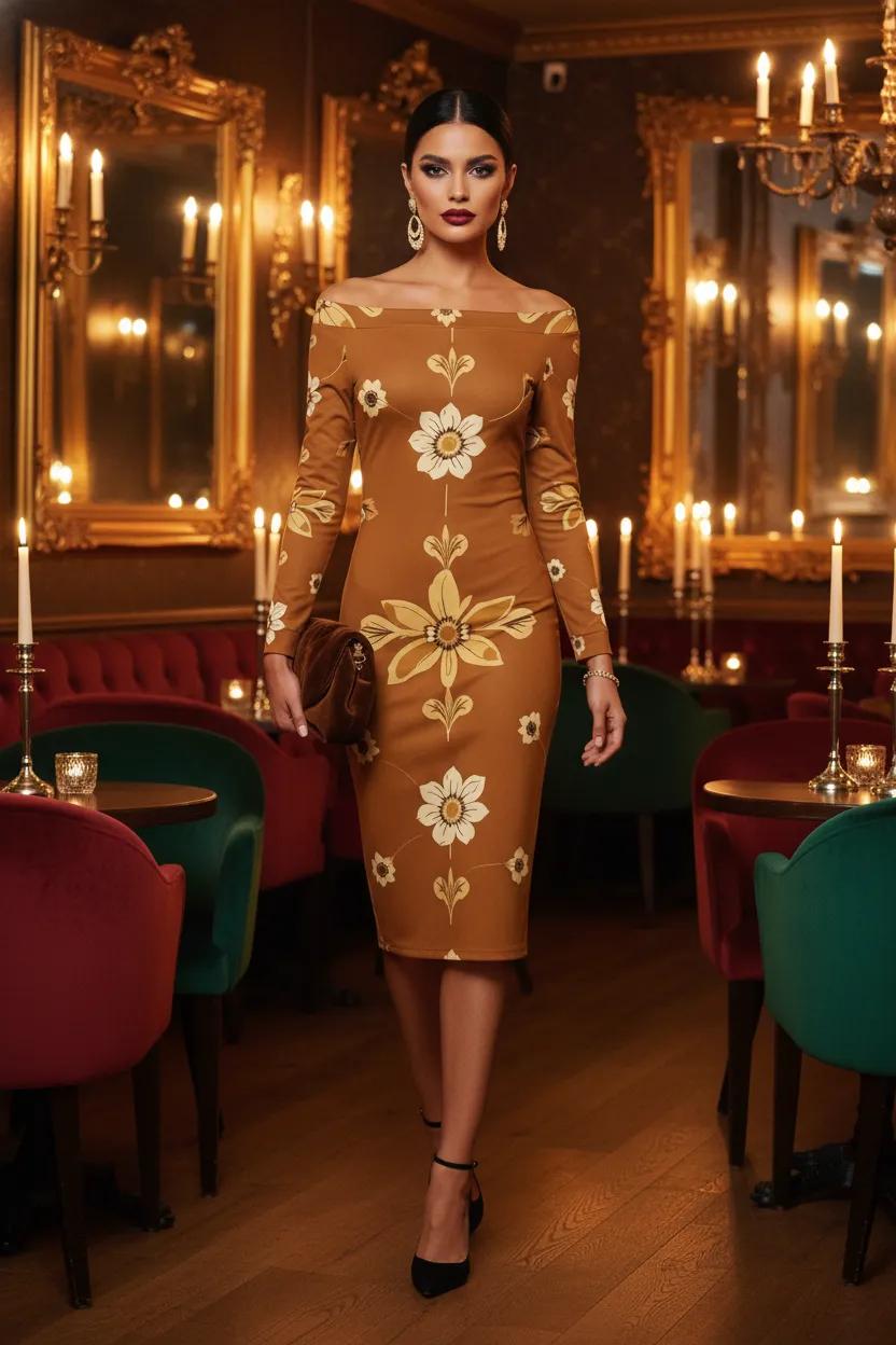 1950s Sunflower Off Shoulder Bodycon bridal dress Elegant Evening Outfit