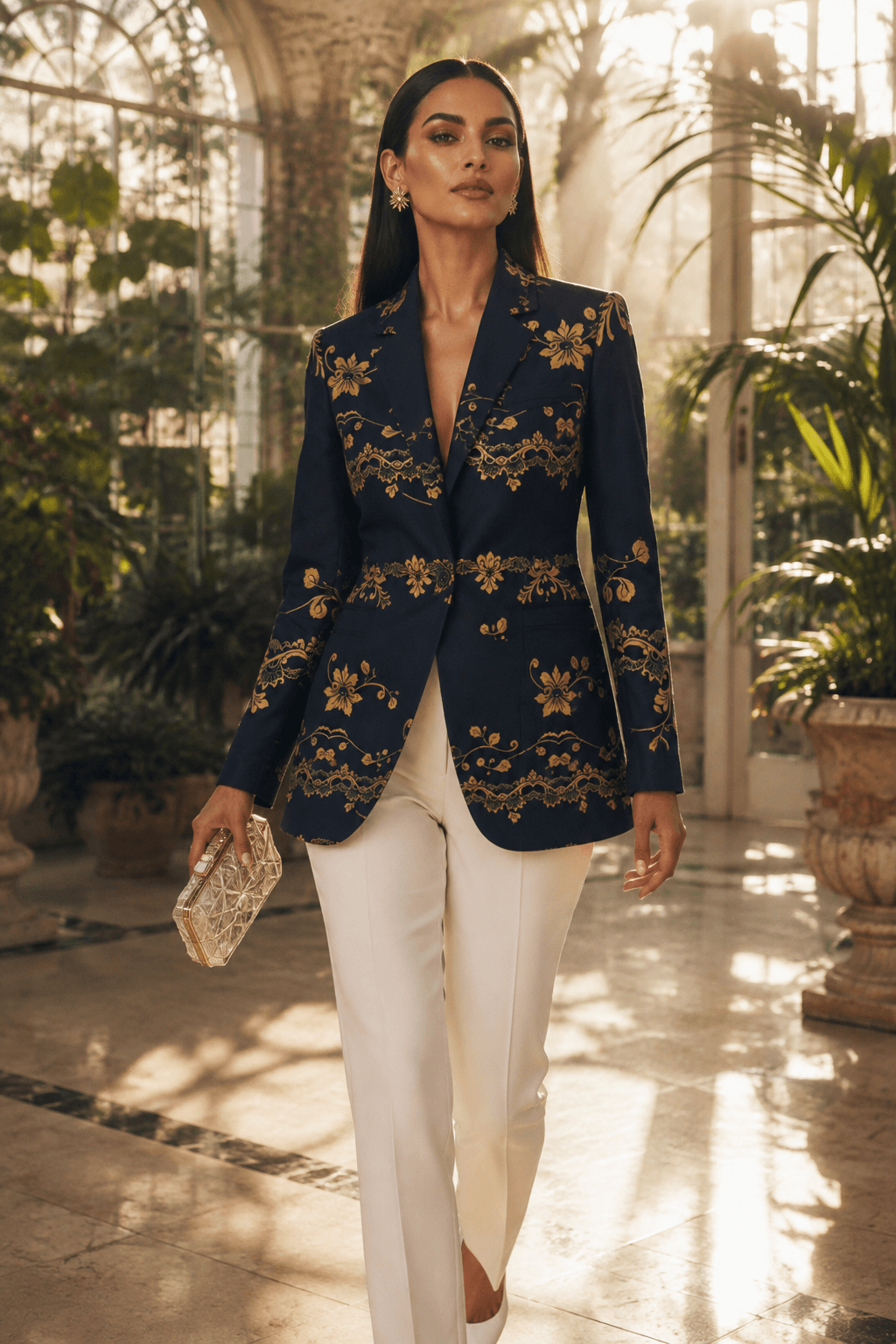 A woman walks through a sunlit greenhouse wearing a navy blazer with ornate gold floral embroidery, paired with white trousers and holding a small metallic clutch.