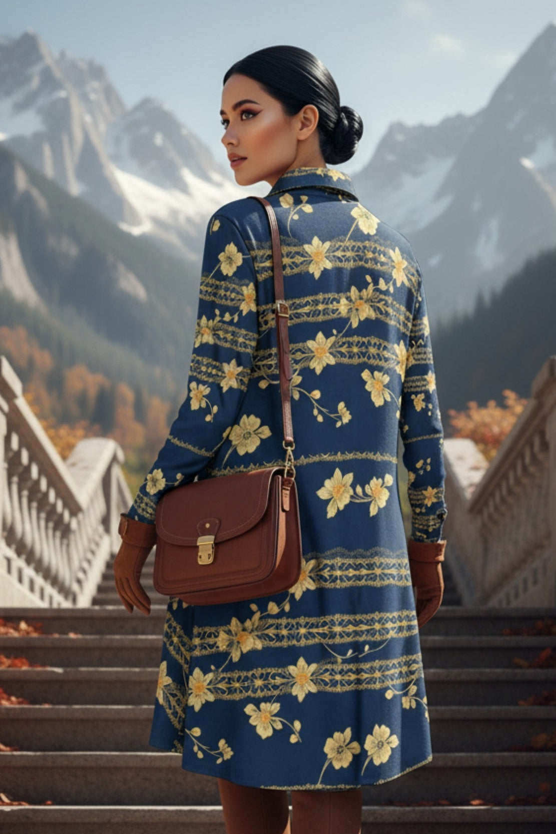 Woman wearing navy blue floral high neck dress with yellow flowers standing on outdoor stone stairs