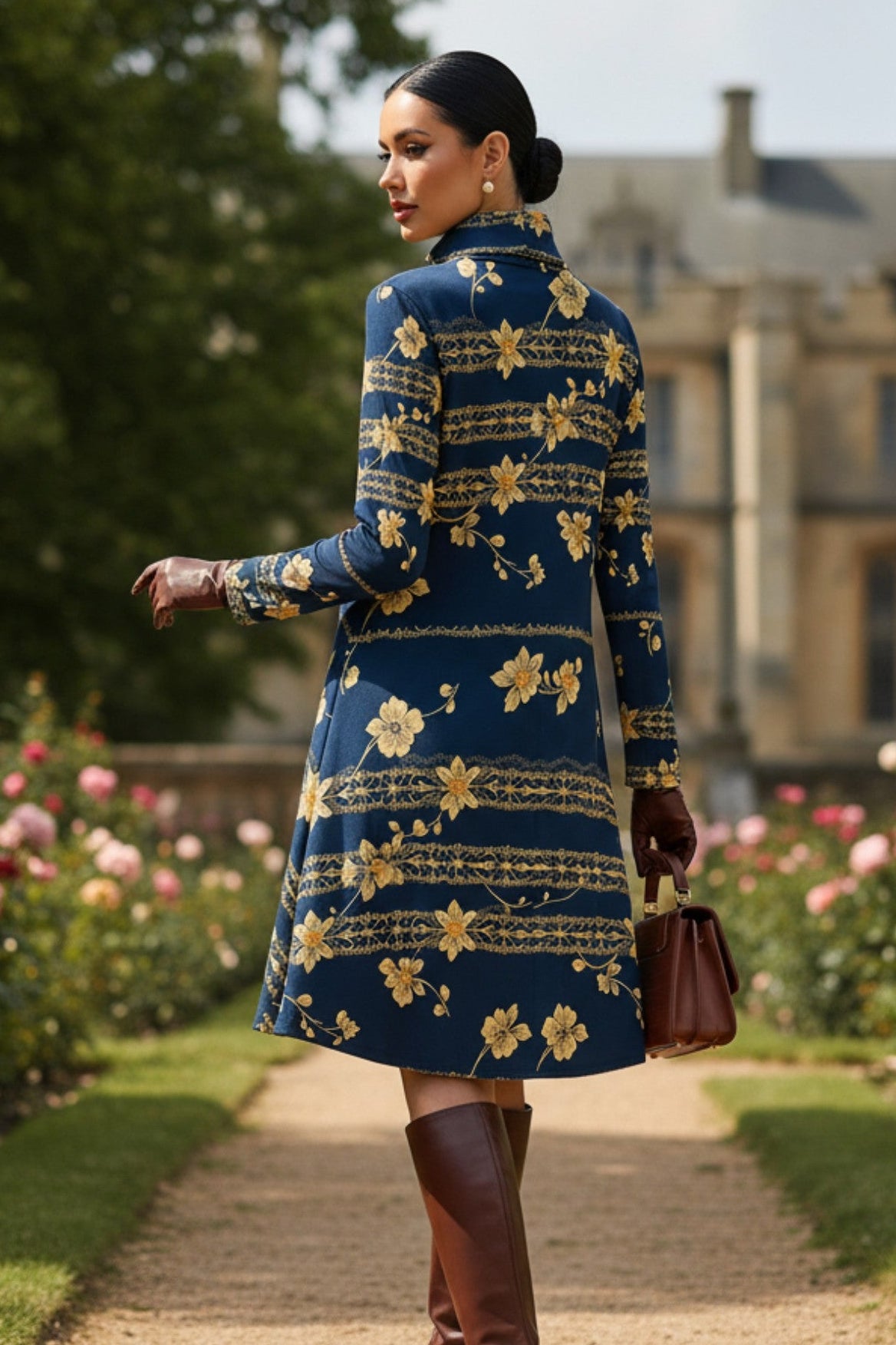 Navy blue floral high neck dress with long sleeves worn by woman with brown boots in garden