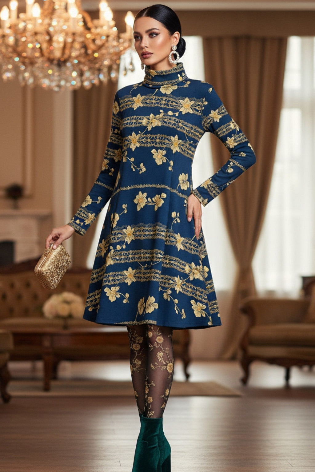 Angelic Blessings Shop navy blue floral high neck dress with long sleeves and gold floral pattern