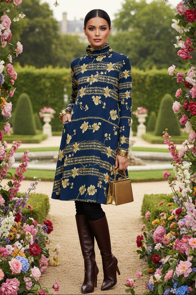 Angelic Blessings Shop navy blue floral high neck dress worn with brown boots and handbag in garden setting