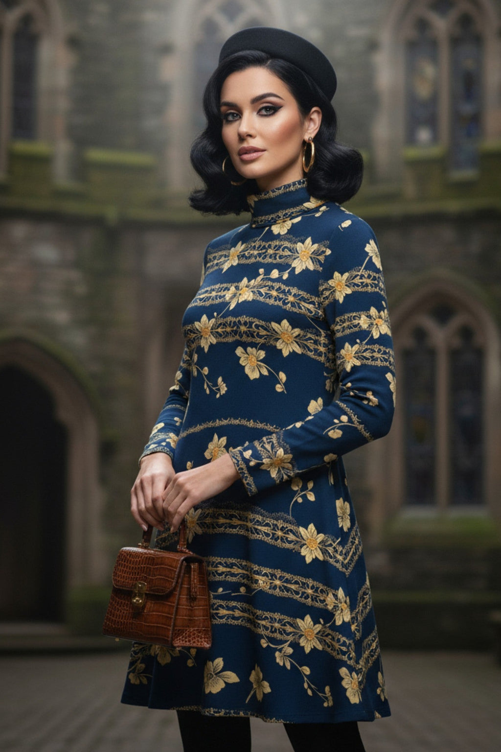 Woman wearing navy blue floral high neck dress with long sleeves and yellow floral patterns