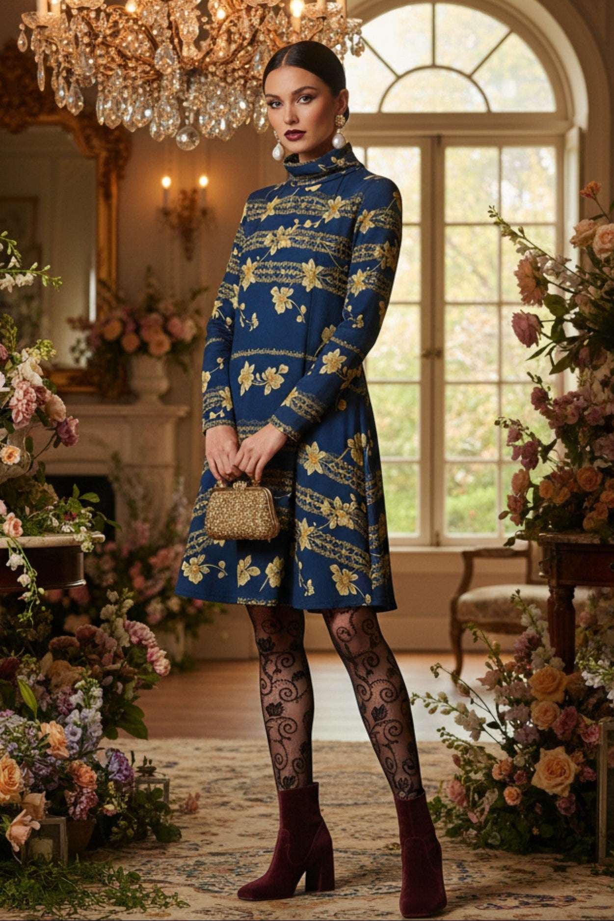 Navy Blue with Golden Floral Lace Print High Neck Dress – Elegant Fall Fashion by Angelic Blessings Shop