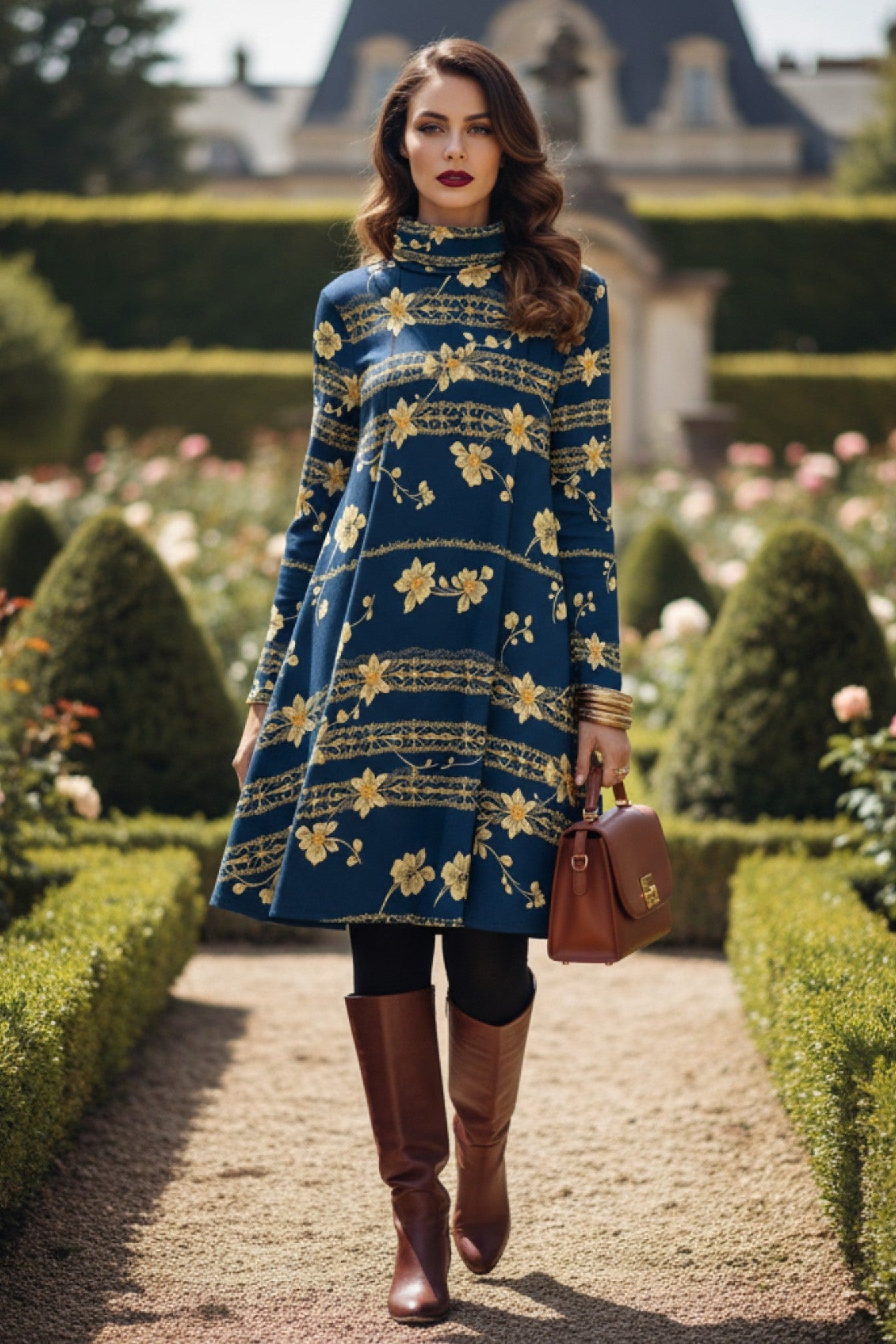 Navy blue floral high neck dress by Angelic Blessings Shop worn with brown boots and handbag in garden setting