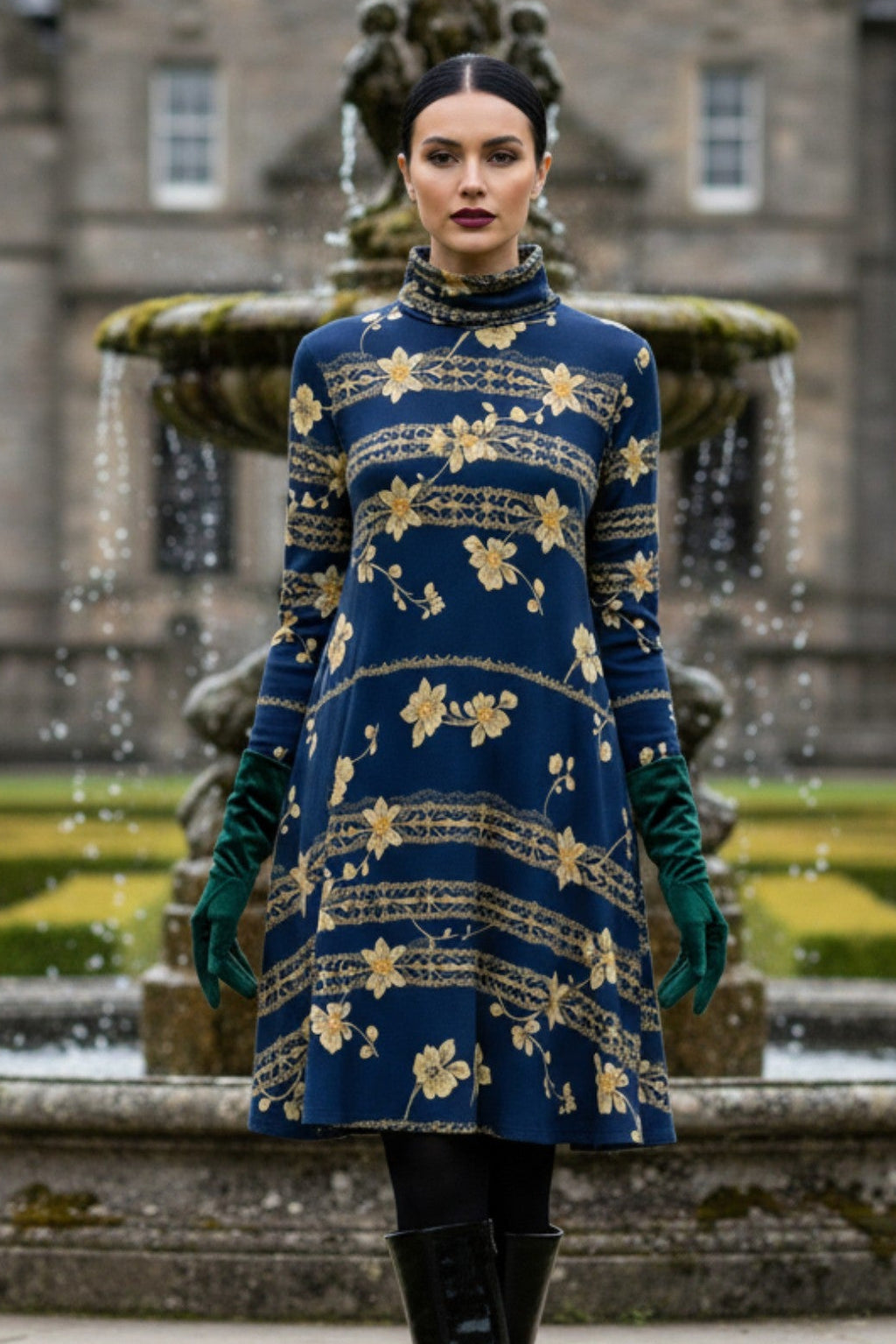 Navy blue floral high neck dress from Angelic Blessings Shop worn with black boots and green gloves