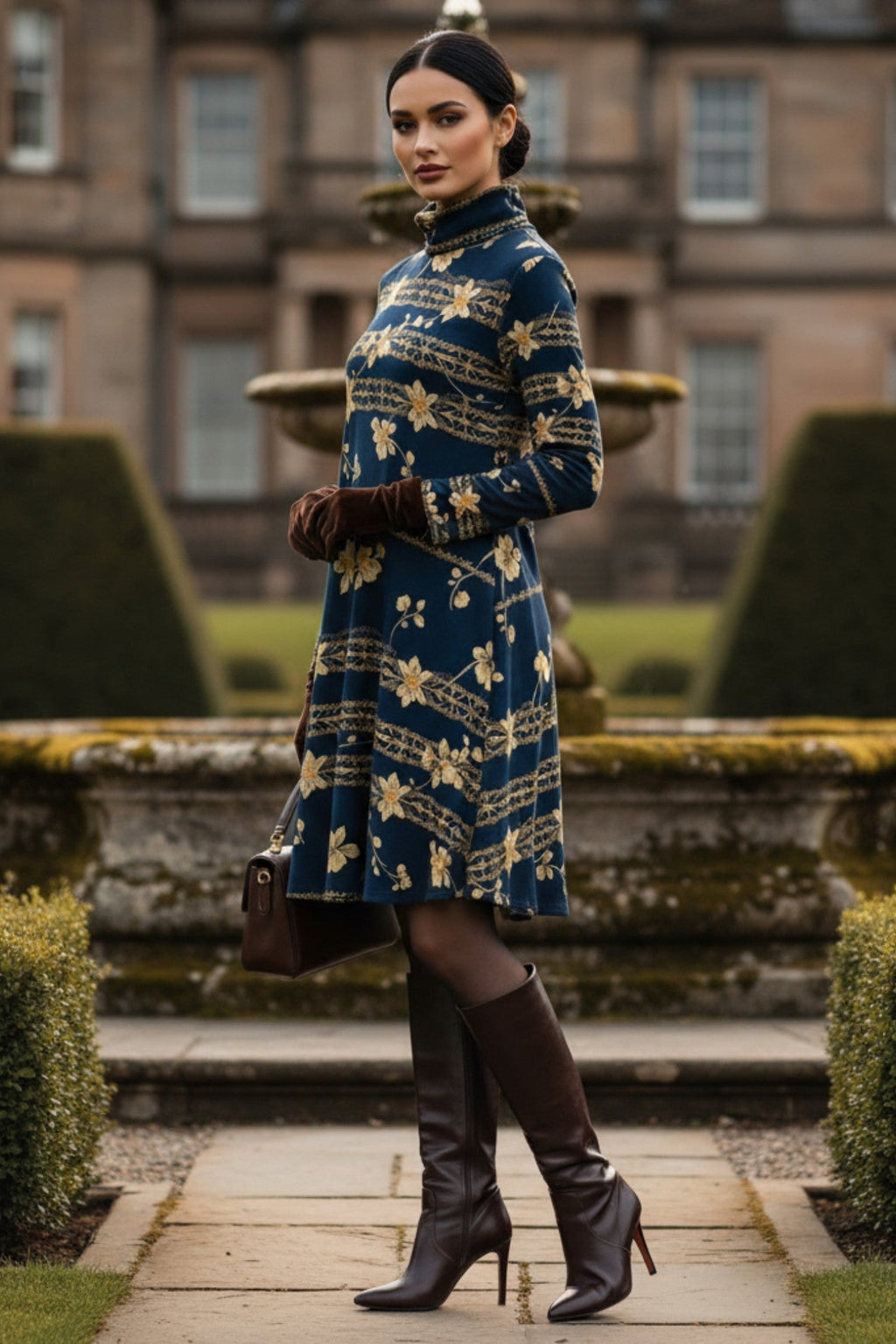 Navy blue floral high neck dress from Angelic Blessings Shop worn with brown boots and gloves