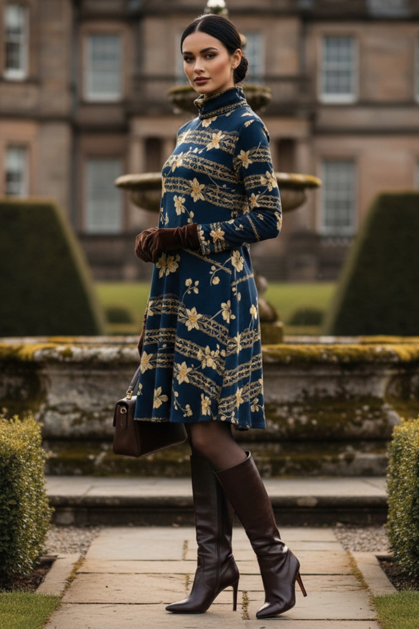Navy blue floral high neck dress from Angelic Blessings Shop worn with brown boots and gloves