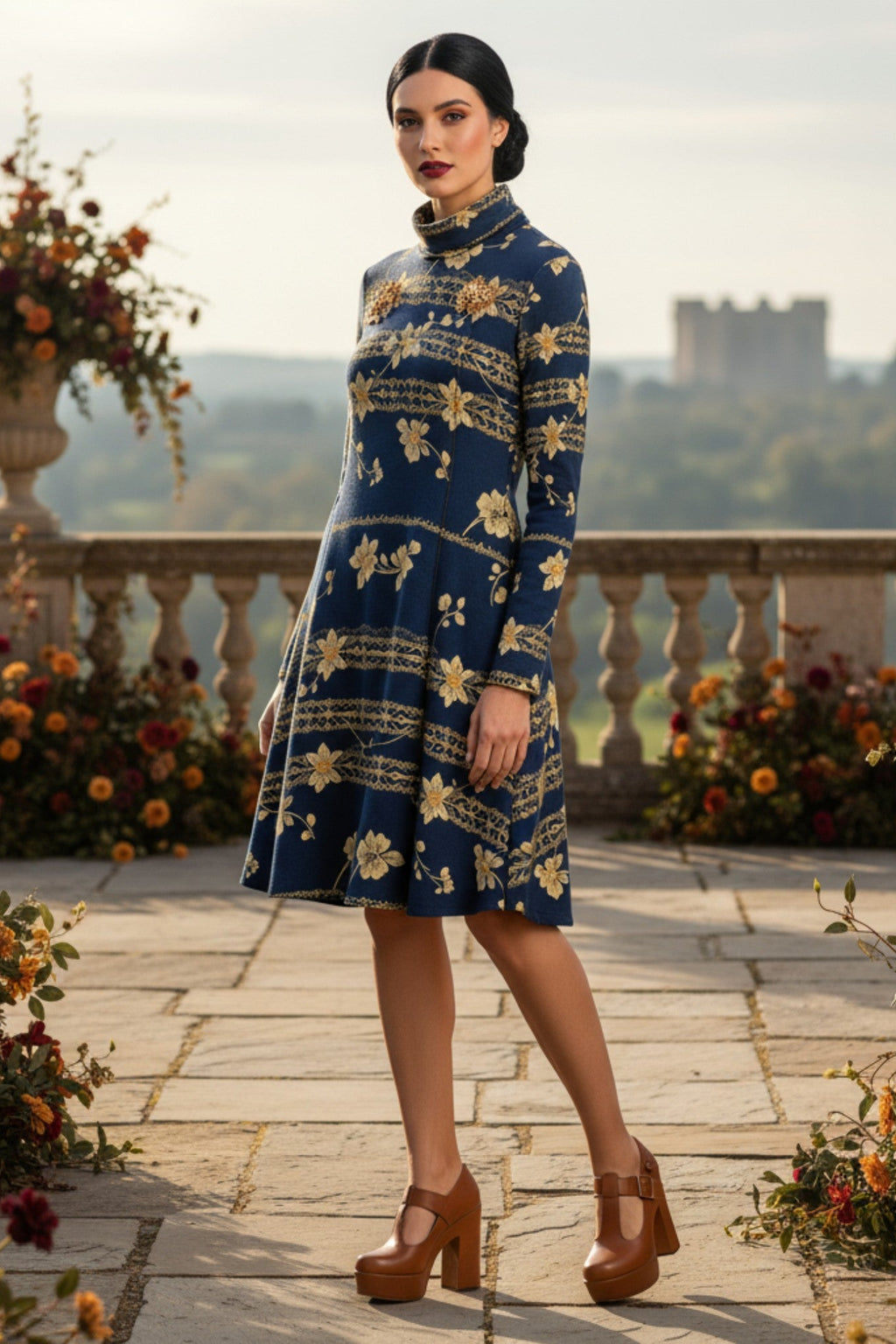 Navy blue floral high neck dress from Angelic Blessings Shop featuring long sleeves and an elegant fit