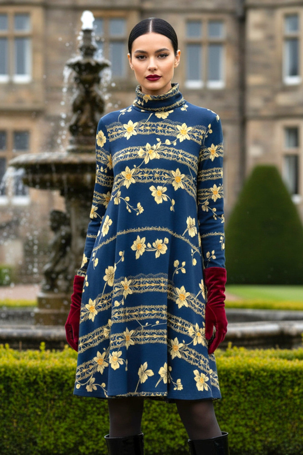 Navy blue floral high neck dress with long sleeves and yellow flower pattern by Angelic Blessings Shop