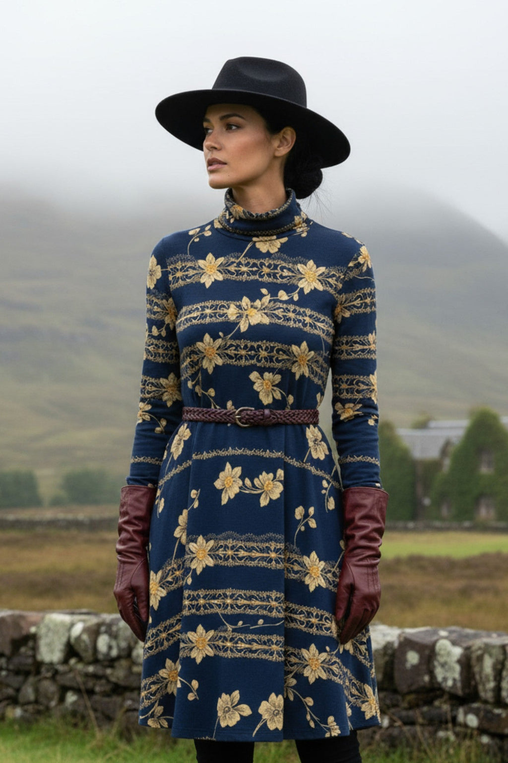 Navy blue floral high neck dress with long sleeves worn with black hat and brown gloves outdoors